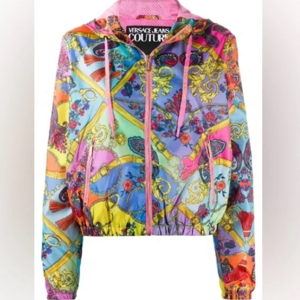 bold statement with this Versace Jeans Couture Baroque Print Windbreaker Jacket